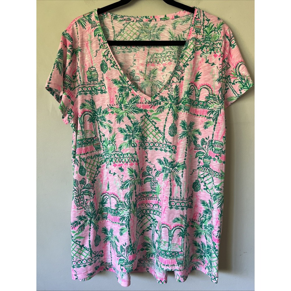 Lilly Pulitzer Etta V-Neck Top Short Sleeve Mandevilla Baby Always Worth It XL